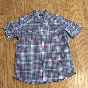 Buffalo David Bitton pink, blue and white plaid short-sleeve button-up shirt, XL